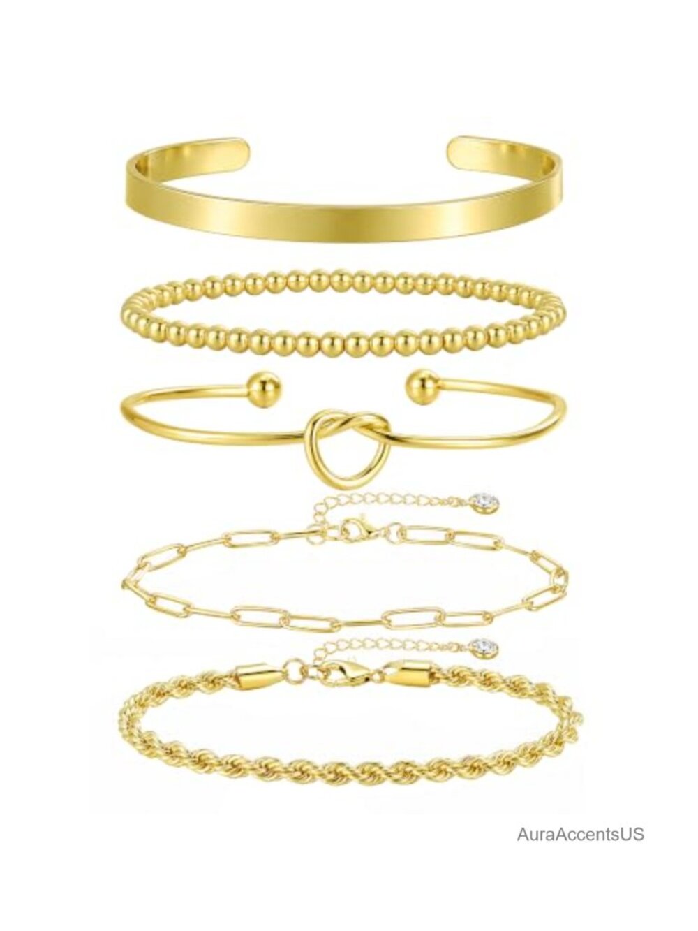 14K Gold Plated Stainless Steel Stackable Bracelet Set 5 Pieces
